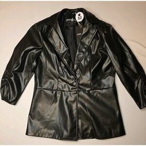 OMMIIVEX Faux Leather Blazer Black Ruched Sleeve Single Button Size M NWT